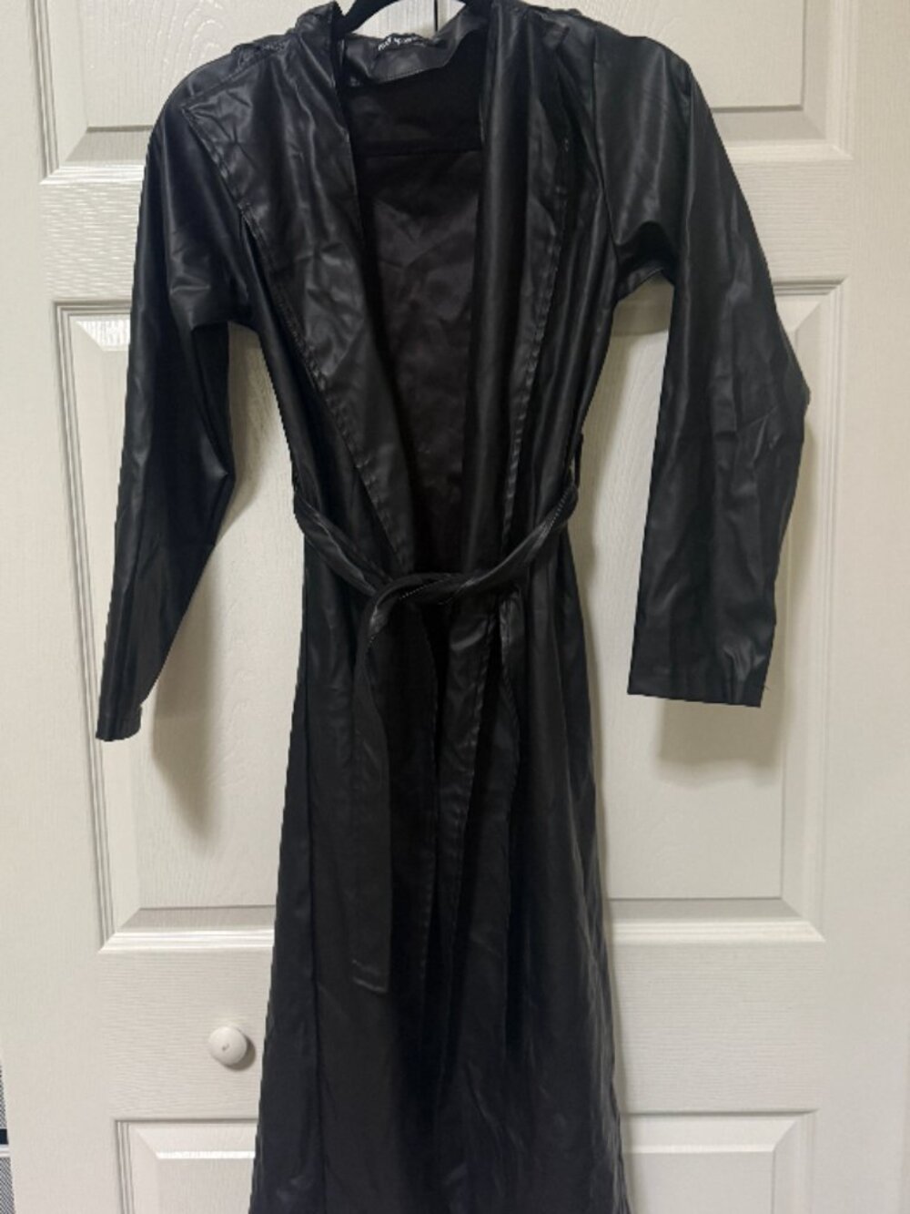 Apperloth Black Faux Leather Belted Long Trench Coat Size S